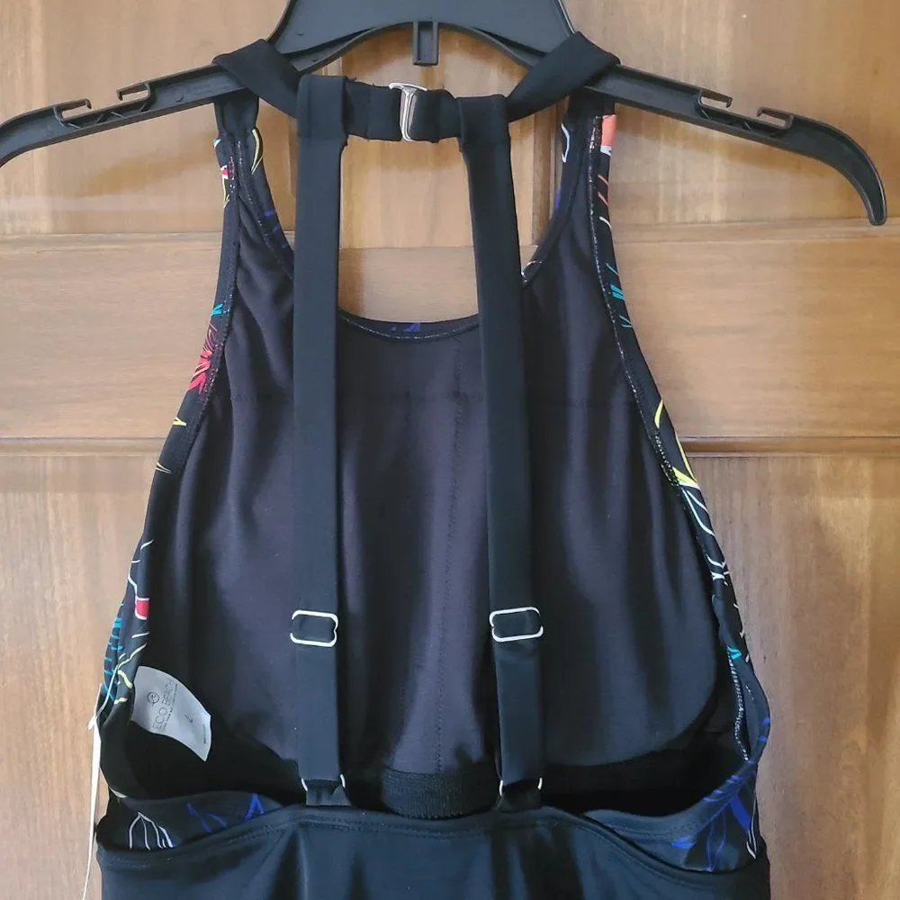 Eco Beach Women's High Neck One-Piece Swimsuit Color Black/Multi Size Large NWT